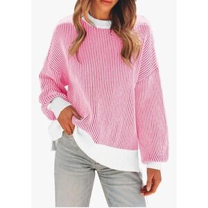 Womens Pink Striped Knit Pullover Sweater Colorblock Oversized Long Sleeve‎ Top